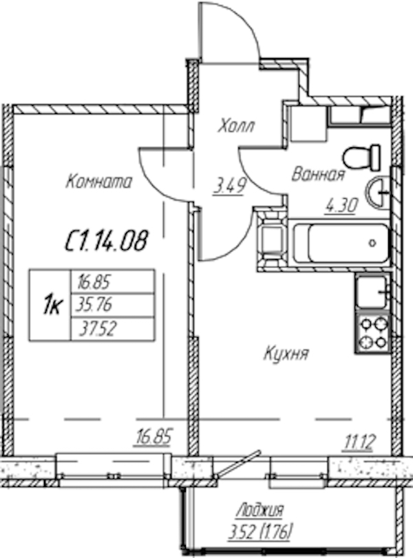 1-комнатная квартира 37.52 м², 14/22 эт., ЖК «Парк-квартал Юнтолово»